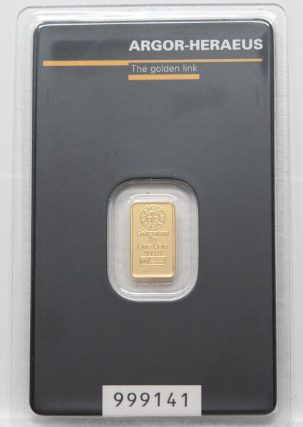 Goldbarren Heraeus / Argor-Heraeus 1 g im Blister / Safepack mit Aufdruck „Au 999,9“, Maße 31,5 × 18,5 × 1,0 mm