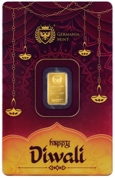 Goldbarren Germania Mint 1 g „Diwali“ in Safepack mit Schutzfilm, geprägt mit „Happy Birthday“ bzw. Diwali-Motiv, Maße 8,71 × 15,00 × 0,45 mm.