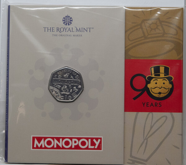 50 Pence Münze Großbritannien 2025 mit Monopoly-Motiv (Mr Monopoly, Spielfiguren, GO-Schild mit Linsen-Effekt), Brilliant Uncirculated Ausführung.