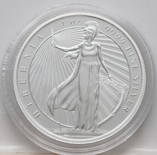 Silbermünze Niue 2025 Hibernia, 1 Unze, BU Qualität, in transparenter Acrylkapsel – Motiv: Hibernia, Allegorie Irlands, mit Wappen Niue & Nennwert.
