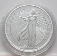 Silbermünze Niue 2025 Hibernia, 1 Unze, BU Qualität, in transparenter Acrylkapsel – Motiv: Hibernia, Allegorie Irlands, mit Wappen Niue & Nennwert.