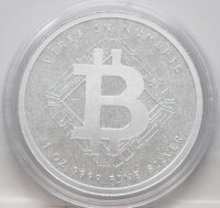 Silbermünze Niue 2025 Bitcoin, 1 Unze, BU Qualität, in transparentem Schutzgehäuse – Motiv: Bitcoin-Logo auf Rückseite, Wappen Niue auf Vorderseite.
