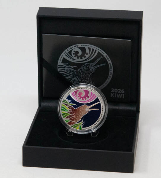 Silbermünze Neuseeland 2026 – Kiwi 1 oz Proof (Color Edition) – Kiwi bei Nacht mit farbigem Hintergrund, spiegelnde Flächen, in Box mit Zertifikat