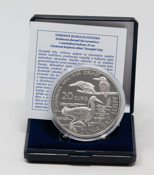 Silbermünze Slowakei 20 Euro 2025 – Motiv Dunajské Luhy – Flora & Fauna, Landschaftselemente – in Proof Ausführung.