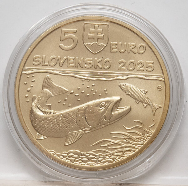Sammlermünze Slowakei 5 Euro 2025 – Motiv: Donaulachs (Hucho hucho) über Wasseroberfläche, im Stil der Fauna & Flora Serie, Münze in Uncirculated Qualität.