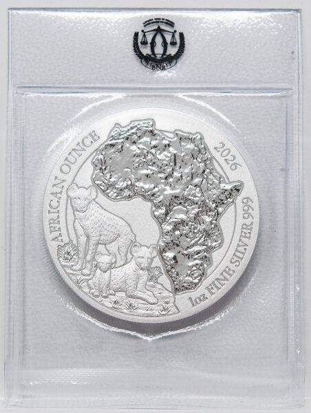 Silbermünze Ruanda 2026 African Ounce – Motiv: Tüpfelhyäne in dynamischer Pose, mit Umriss Afrikas und Savannenelementen, BU Qualität.