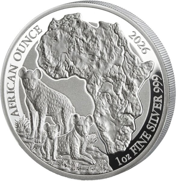 Silbermünze Ruanda 2026 – African Ounce 1 oz Proof (PP) – Motiv: Tüpfelhyäne, spiegelnde Flächen, mattiertes Relief, mit Zertifikat.