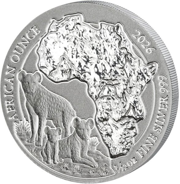 Silbermünze Ruanda 2026 – African Ounce 1/12 oz BU – Motiv Tüpfelhyäne mit afrikanischer Landkarte und Wappen Ruandas.