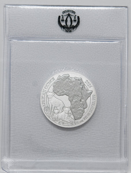 Silbermünze Ruanda 2026 – African Ounce 1/12 oz BU – Motiv Tüpfelhyäne mit afrikanischer Landkarte und Wappen Ruandas.