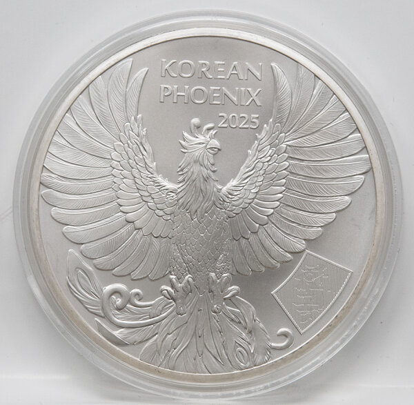 Silbermedaille Korean Phoenix 2025 – stilisierte Phoenix-Darstellung, feine Federstruktur, Inschriften KOMSCO / Republic of Korea