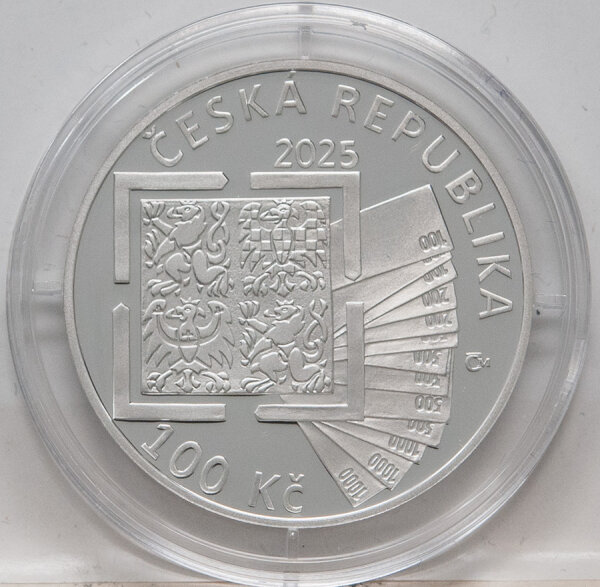„100 Kč 2025 Münze – Zollverwaltung Motiv mit Fächer aus Banknoten, mobiles Röntgengerät, Inschriften CELNÍ SPRÁVA, ČESKÁ REPUBLIKA, 100 Kč, 2025