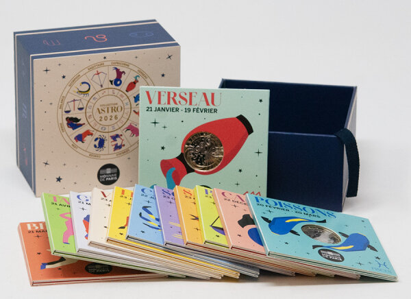 Sammelbox Frankreich 12×5 Euro 2025 Sternzeichen – Monnaie de Paris – Box mit Münzkarten und Symbolrad der Tierkreiszeichen