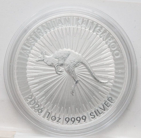 Springendes Känguru, umlaufende Linienstruktur, Feingehaltsangabe 1 oz 9999 SILVER, Perth-Mint-Prägemarke