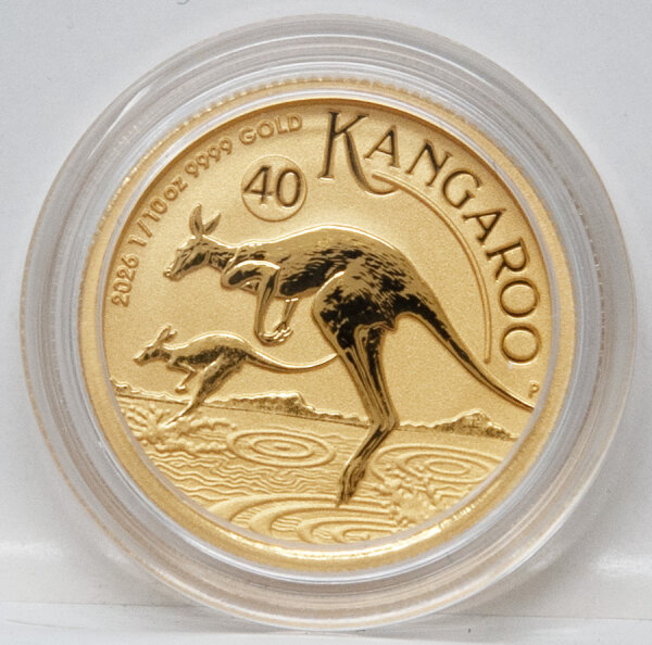 Rückseite der Münze mit springendem Känguru, Inschrift 1/10 oz 9999 GOLD, Privy-Mark „40