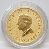 Australian Kangaroo 2026 Goldmünze – Porträt König Charles III, Umschrift AUSTRALIA 15 DOLLARS