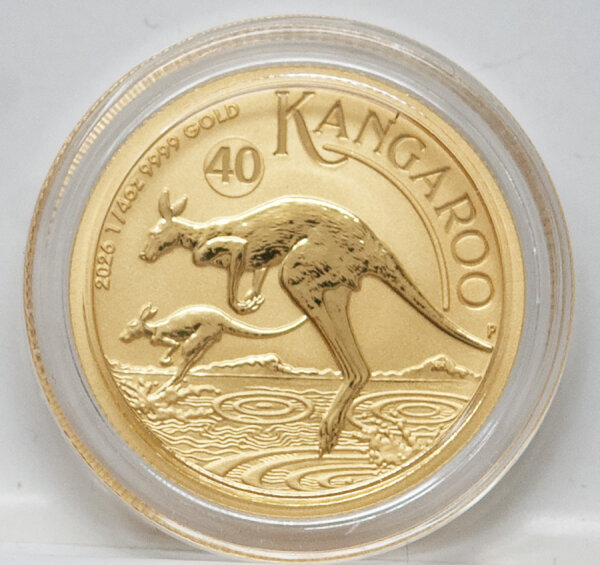 Rückseite der Münze mit zwei Kängurus springend über Wasser, Inschrift 2026 1/4 OZ 9999 GOLD, Privy-Mark 40