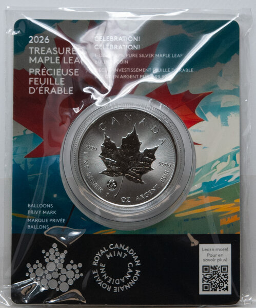 Kanada 2026 $5 Treasured Silver Maple Leaf Celebration Privy Mark – 1 Unze Silbermünze mit Ahornblatt-Motiv und farbigem Luftballon-Privy, Durchmesser 38 mm, Silberfeinheit 99,99 %