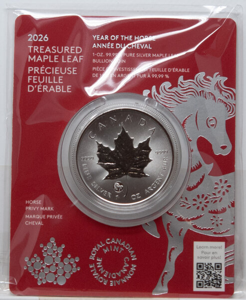 Kanada 2026 $5 Treasured Silver Maple Leaf Year of the Horse Privy Mark – 1 Unze Silbermünze mit Ahornblatt-Motiv und einem stilisierten Pferde-Privy, Durchmesser 38 mm, Silberfeinheit 99,99 %.