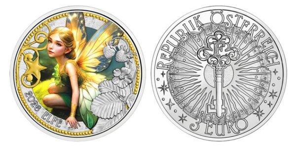 3 Euro-Münze Österreich 2026 „Die Elfe“ – farbig gestaltete Elfe mit schimmernden Flügeln und Zauberstab im Morgenwald, Durchmesser 34 mm.