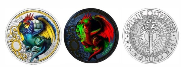3 Euro-Münze Österreich 2026 „Der Basilisk“ – farbig gestalteter Basilisk mit tiefgrünem Körper und glühenden roten Augen unter UV-Effekt, Durchmesser 34 mm