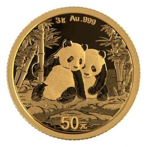 Münze China 50 Yuan 2026 Gold Panda – Goldmünze 3 g Feingold, Pandamotiv auf der Rückseite, Vorderseite Himmelstempel Peking.“