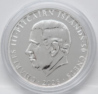 Vorderseite der 1 Dollar Silbermünze Pitcairn 2026 mit dem Porträt von König Charles III.