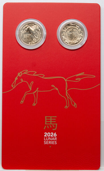 Australien 2026 $1 Year of the Horse – Uncirculated Zwei-Münzen-Set im Coincard der Royal Australian Mint, Motiv Pferd & Tierkreisrad.