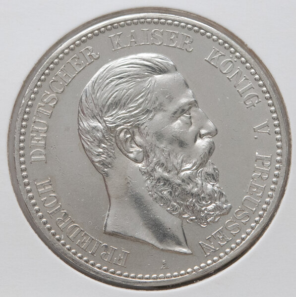 5 Mark Preußen 1888 A – Silbermünze mit Porträt Friedrich III. und Reichsadler, 900er Silber