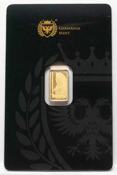 Goldbarren Germania Mint 1 g Au 999,9 im Safepack, mit Aufdruck „Germania Mint“ und eingebautem Schutzfilm.