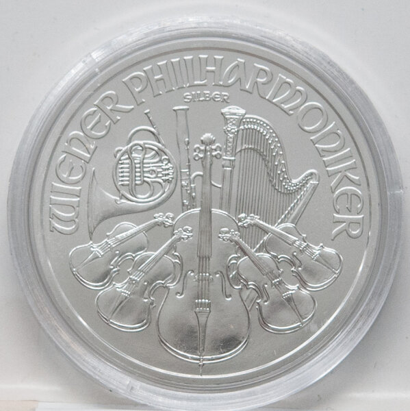 Münze Österreich 1,50 Euro 2026 „Wiener Philharmoniker“ – Silber 999/1000, 31,10 g, Ø 37 mm, Instrumente-Motiv und Orgel des Wiener Musikvereins.