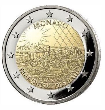 Münze Monaco 2 Euro 2025 „Marquisat des Baux“ – Motiv Felsen von Les Baux-de-Provence, Auflage 15 000, gesetzliches Zahlungsmittel Monaco.