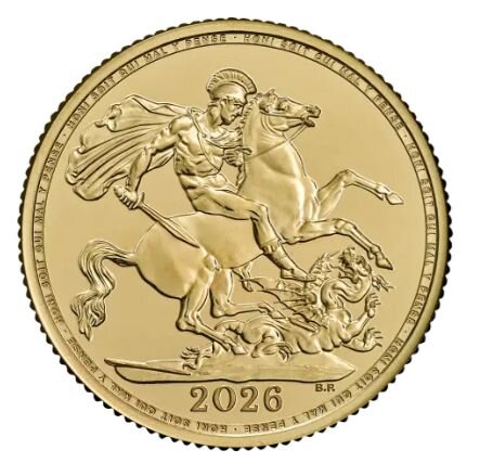 2026 Großbritannien £1 Gold Sovereign – Goldlegierung 22 Karat, Ø 22,05 mm, Porträt König Charles III und Motiv St. George & Drache.