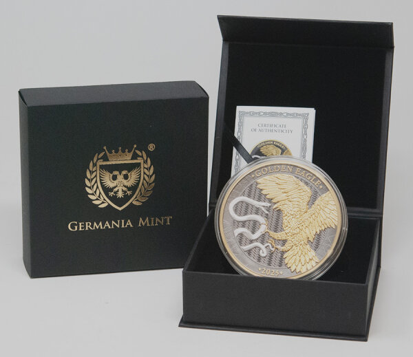 Malta Golden Eagle 30 Euro 2025 – 1 Kilogramm Silbermünze Silber 999,9, Ø 100 mm, Variantenveredelung Ruthenium & Gelbgold, Ausgabe der Germania Mint.