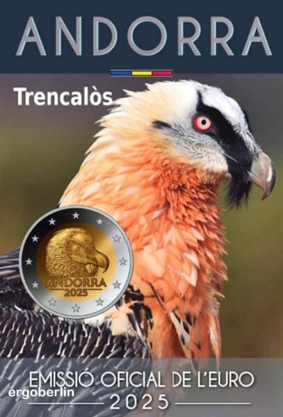 Münze Andorra 2 Euro 2025 ‚Bartgeier‘ – Kopf des Bartgeiers, 12 Sterne der EU im Außenring, Ausgabe des Fürstentums Andorra