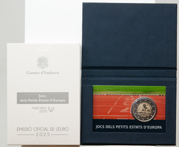 Andorra 2 Euro 2025 „Games of the Small States of Europe“ Proof – polierte Spiegel-Münze mit Sportbällen-Motiv, 8,50 g, Ø 25,75 mm, limitierte Proof-Edition