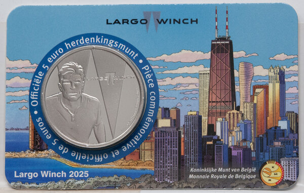 Belgien 5 Euro 2025 „Largo Winch“ Coincard Relief – Porträt der Comic-Figur Largo Winch, CuNi, Ø 30 mm, Auflage 7.500.