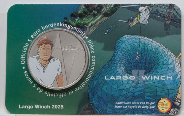 Belgien 5 Euro 2025 „Largo Winch“ Coincard Color – farbige Darstellung der Comic-Ikone in CuNi, Ø 30 mm, Auflage 7.500.