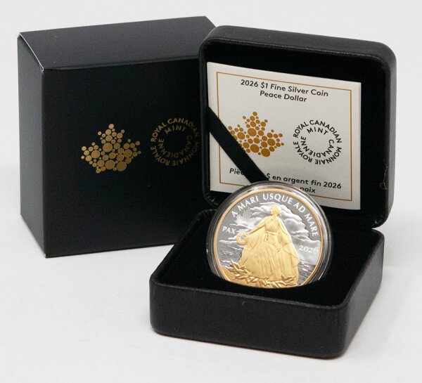 Kanada 1 Dollar 2026 „Peace Dollar“ – 1 Unze Silber (.9999) mit Gold-Plattierung, Motiv Lady Peace, Ausgabe der Royal Canadian Mint