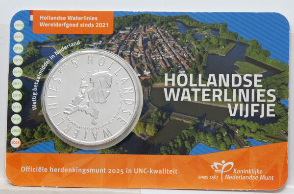 Niederlande 5 Euro 2025 „Holländische Wasserlinie“ UNC Coincard – Karte mit Münze, Motiv Wasserlinie, 10,5 g, Ø 29 mm
