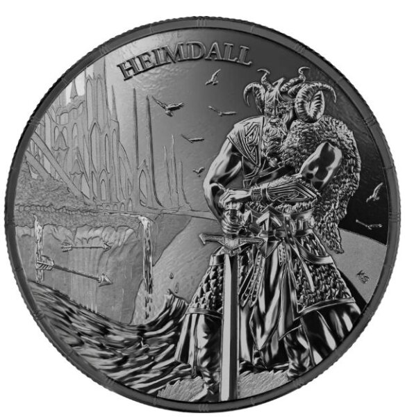 Ragnarök Heimdall 1 oz Black Silver BU 2025 – Silbermünze mit Heimdall-Motiv, 999,9/1000 Silber, Ø 38,61 mm