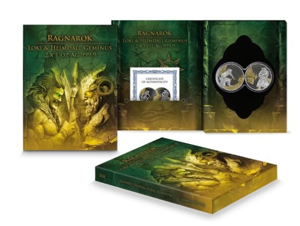 Ragnarök Loki & Heimdall Geminus 2×1 oz Silber BU 2025 – Set mit zwei Silbermünzen (Loki & Heimdall), veredelt, limitiert