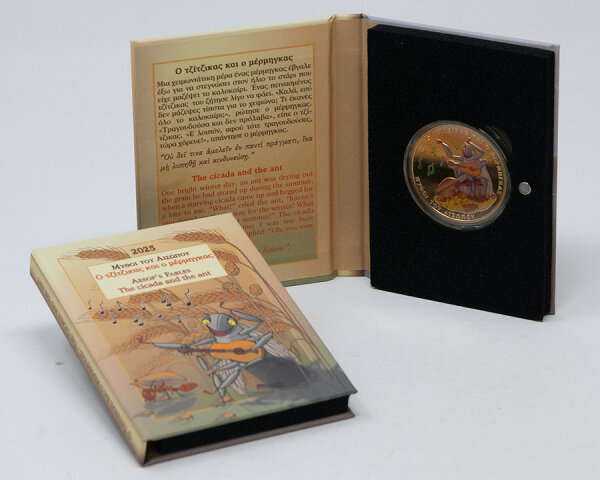 Griechenland 2025 Zikade 1,5-Euro-Sammlermünze – Motiv der Zikade aus Aesops Fabeln, großes 40-mm-Format in Nordic Gold.