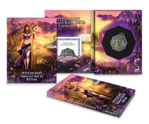 Germania Mint Witchcraft 2025 Herbalist Ritual 1 oz Silber teilvergoldet – oktagonale Münze mit Kräuterheilerin, Stab, Eichhörnchen Ratatosk und veredeltem Antique-Finish-Design.