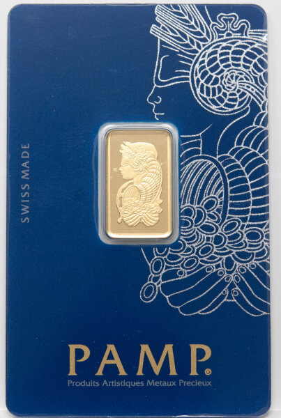 PAMP Suisse 5 g Goldbarren Lady Fortuna im blauen und grauen Assay-Blister mit Seriennummer und 999,9 Feingold-Angabe