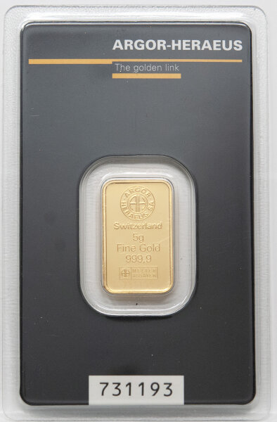 Argor-Heraeus 5 g Goldbarren im Blister – Feingold 999,9, Vorderseite mit Logo und Gewichtsangabe, Rückseite mit Zertifikat und Seriennummer