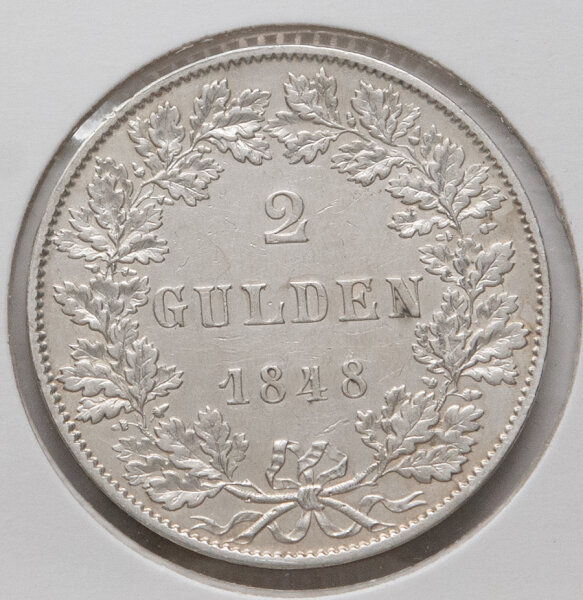 Frankfurt 2 Gulden 1848, Wertseite mit „2 Gulden 1848“ im Eichlaubkranz.