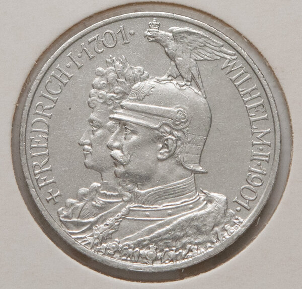 2 Mark 1901 – Doppelporträt Friedrich I. (1701) und Wilhelm II. (1901), Münzzeichen A.