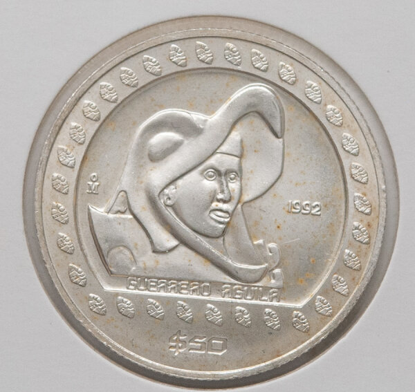 Nationalwappen Mexikos – Adler mit Schlange auf einem Kaktus, Umschrift ESTADOS UNIDOS MEXICANOS, Beschriftung „1/2 ONZA DE PLATA LEY 0.999“.