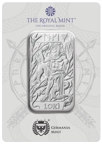 Silberbarren mit Darstellung von Loki, sitzend auf einem Ast, umgeben von nordischer Vegetation, mit Schriftzug „LOKI“ und Runen.
