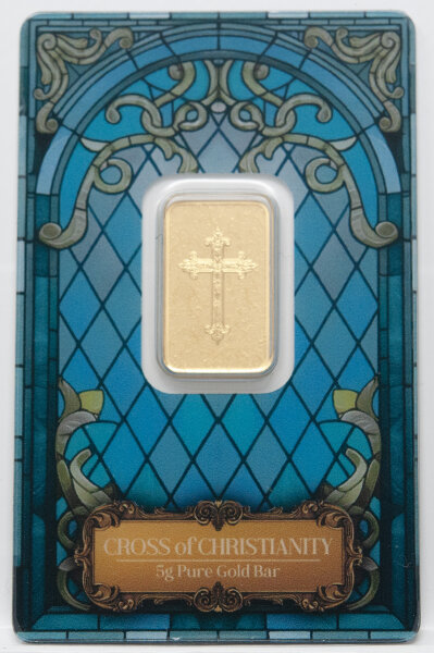 PAMP Suisse 5 g Goldbarren „Christian Cross“ aus 999,9/1000 Feingold in originaler BlisterCard mit Seriennummer und Echtheitsnachweis.